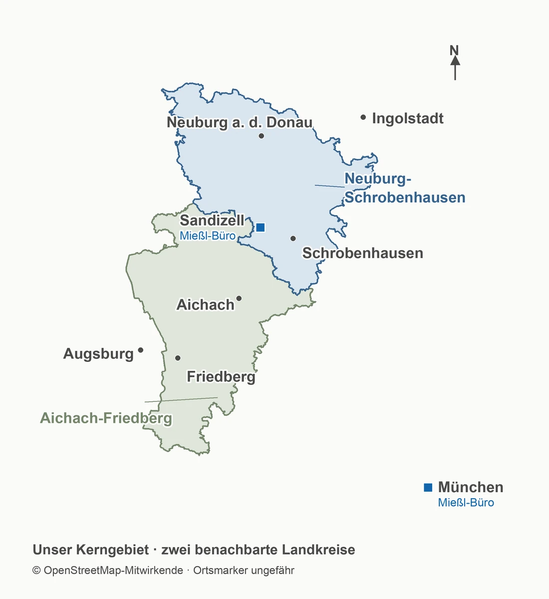 Karte der Landkreise Aichach-Friedberg und Neuburg-Schrobenhausen zwischen Augsburg und Ingolstadt sowie der Mießl-Büroorte Sandizell und München.